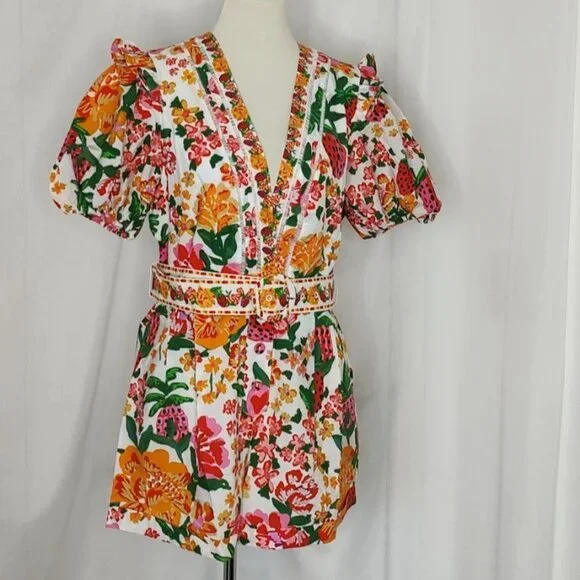 FARM RIO Romper XL Floral Off-White Flowerful Sketch Belted NEW - Picture 7 of 16